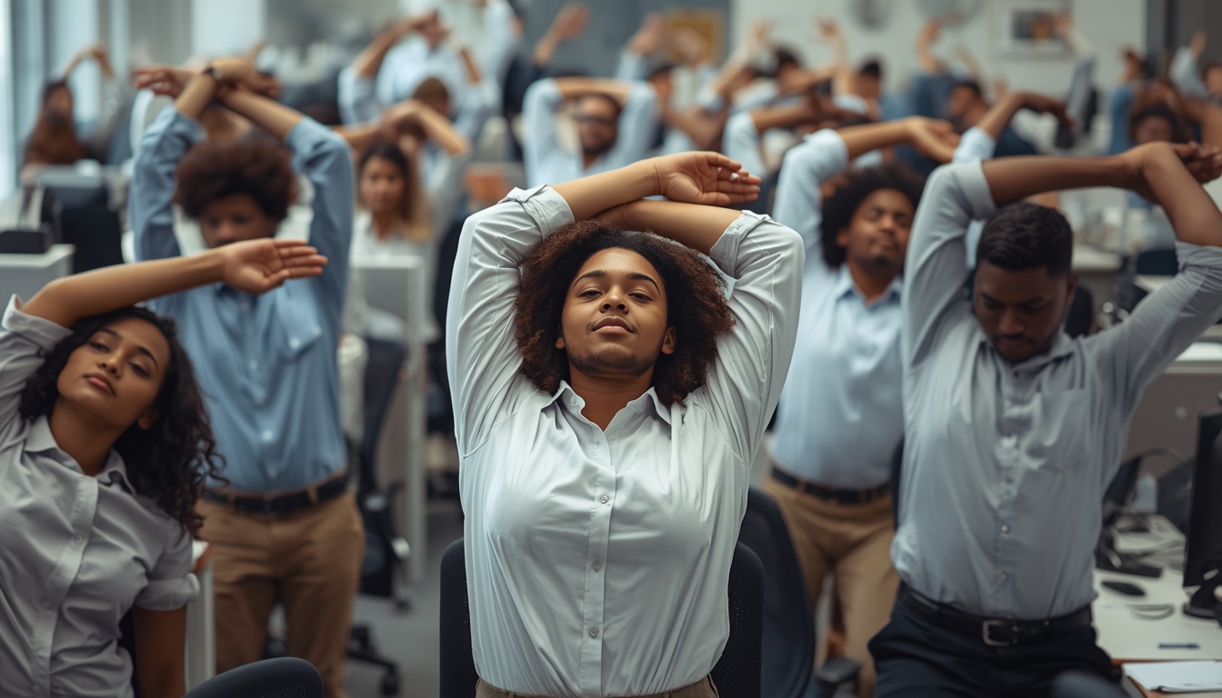 Office workers stretching at desks during a Strengthsoacapac wellness session